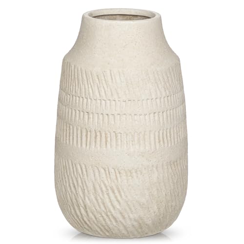 9" Pottery Vase with Sand-Grain Textured, Rustic Ceramic Vase for Mediterranean, Vintage & Farmhouse Style on Desktop Decor, Slender & Beige White - color: 9" Beige White