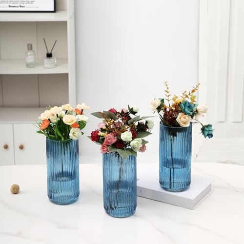 Blue Glass Vases, Flower Vases Set of 3, Ribbed Glass Vase for Tulips, Tall Cylinder Glass Vases for Living Room, Bedroom, Dining Table, Office, Wedding, Bookshelf Decoration, 8 Inches - color: Blue, size: 8'' X 3Pack