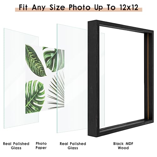 MUYE 12x12 Floating Frames Set of 2,Double Glass Picture Frame Display Any Size Photo up to 12x12,Wall Mount or Tabletop Standing,Black - color: Black, size: 12x12
