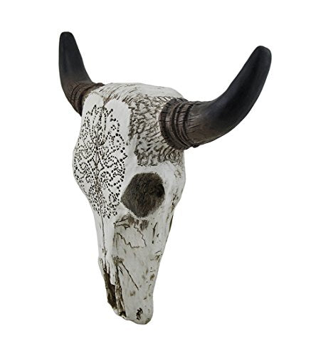 Zeckos Tribal Design Carved White Bull Skull Wall Hanging