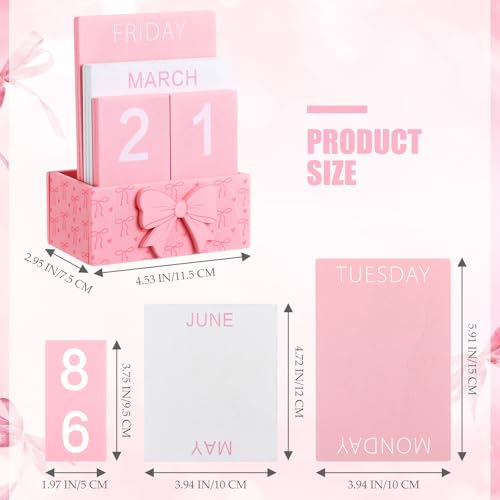 AceOrbit Pink Bow Wood Block Perpetual Calendar Coquettish Desk Decor Cute Month Week Date Display Decorative Block Calendar for Women Office Home Desk Gift for Women - style: Pink Bow