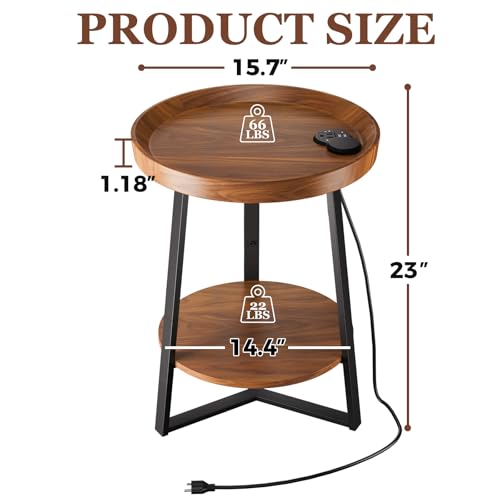 Gadroad Round End Table with Charging Station, USB Ports, Wood Tabletop & Black Metal Frame, 2-Tier Side Table for Living Room, Bedroom, Brown 15.7 * 15.7 * 23.0inches - color: Brown, style: with Charging Station