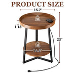 Gadroad Round End Table with Charging Station, USB Ports, Wood Tabletop & Black Metal Frame, 2-Tier Side Table for Living Room, Bedroom, Brown 15.7 * 15.7 * 23.0inches - color: Brown, style: with Charging Station