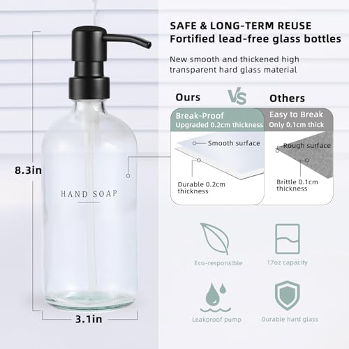 Glass Soap Dispenser - Dish Hand Soap Dispenser for Kitchen, Bathroom Soap Lotion Dispenser with 304 Rust Proof Pump, Tray, Clear Bottle/Black Pump - color: Clear Bottle/Black Pump + Tray + Funnel