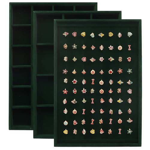 Rocutus Jewelry Trays,3 Pack Stackable Velvet Jewelry Organizer Tray Drawer Jewelry Storage Tray,Divided Ring Organizer Tray for Earrings, Necklaces, Bracelets,13.8"x9.5"x1.2" (Dark Green) - color: Dark Green