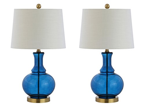 JONATHAN Y 25" Cobalt Blue/Brass Gold and Brass Gold Glass Table Lamp Set of 2 for Bedroom, Modern Bedside Lamp for Living Room Nightstand, White Linen Drum Shade, LED Bulb Included (JYL1068C-SET2) - color: Cobalt Blue