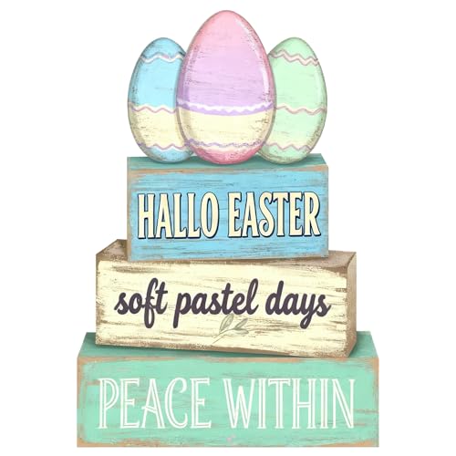 Easter Decorations - Hallo Easter Pastel Egg Tiered Tray Decor - Wooden Easter Tabletop Sign - Soft Pastel Farmhouse Spring Home Decor Indoor for Tiered Tray Shelf Mantel Coffee Table - Spring Home Decor for Living Room, Kitchen Counter - style: Egg