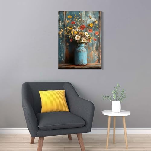 Framed Oil Painting Style Print Antique Metal Vase Wildflowers Pattern Background Rustic Vintage Floral Art Farmhouse Decor Rustic Wall Art Floral Mural Home Decor Gallery Poster 24x16 Inch - color: Light blue yellow, size: 24"x16"