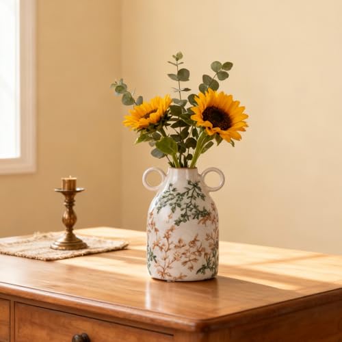 Vintage Green Floral Ceramic Vase with Handles – French Country Crackle Glaze Jug Flower Vase for Farmhouse Kitchen, Entryway Table, or Living Room Decor (Green Floral) - color: Green Floral