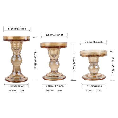 3-Piece Set of Amber Glass Candlestick, Crystal Candlestick Holder Holder and Conical Candle, Christmas Candle Holder Decoration, Family Living Room Wedding Candle Holder (Amber) - color: Amber