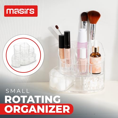 Masirs 360-Degree Rotating Makeup Organizer – Small Acrylic Cosmetic Storage Caddy with 5 Compartments, Mini Lazy Susan Vanity Organizer for Bathroom Counter, Skincare, Perfume, Brushes, Clear - color: Square Clear