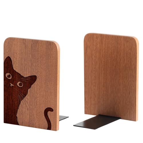 Cat Bookends, Cat Lover Gifts for Women Men, Novelty Book Ends Unique, Heavy Duty Wooden Bookends for Shelves Decorative(1 Pair, 4.72x6.69 Inches) - Tail - color: Tail