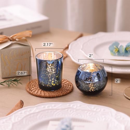 DEVI 12PCS Assorted Blue Votive Candle Holders, Mercury Tealight Candle Holder Glass, Wedding Table Decorations for Home Party, Navy Blue Birthday Graduation Rehearsal Party Dinner Decorations - color: Blue
