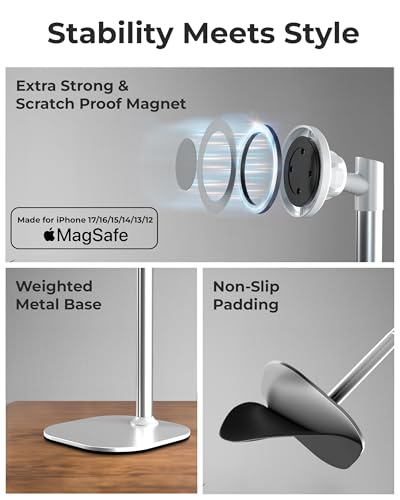 COOPER MagStand, Adjustable Magnetic iPhone Stand for Desk & Phone Holder for Video Recording, Compatible with MagSafe, Stand for iPhone 17 Pro Max, 16/15/14/13/12, Small Mag Safe Tripod (White) - color: Frost White