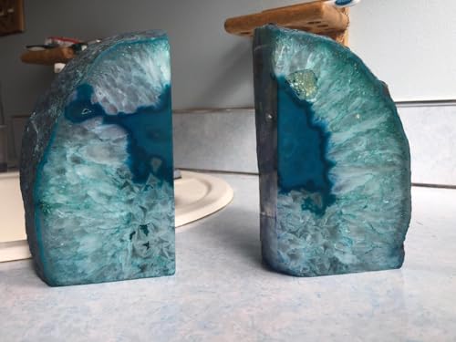 AMOYSTONE Teal Agate Bookends, Large Decorative Crystal Stone Ends 4-6 LBS for Heavy Books, Perfect for Study Room and Office Bookshelf Decor - color: Teal, size: 4-6 Pounds