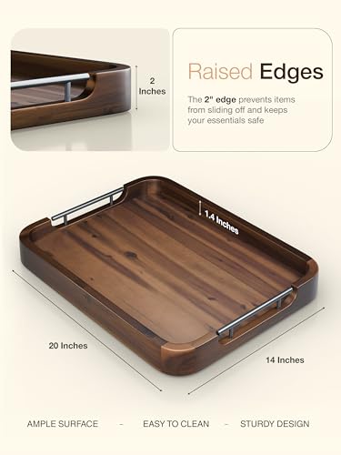 TIDITA Large Serving Tray with Handles - 20”x14” Rectangle Ottoman Tray, Wooden Tray for Ottoman, Wooden Ottoman Tray for Living Room - Decorative Trays for Coffee Table with Round Edge (Walnut color) - color: Walnut Color, size: 20" x 14" x 2"