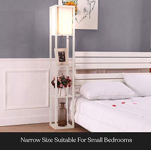 Brightech Maxwell - Modern Shelf Floor Lamp with Lamp Shade & Warm White LED Bulb, Corner Display Floor Lamp with Shelves for Living Room, Bedroom, Nightstand Office, Home Decor Storage - White - color: White
