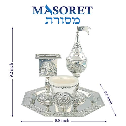 Nickel Havdalah Set with Jerusalem Theme – Set 4 Parts, Kiddush Cup, Havdalah Candle Holder, Besamim Spices Holder and Plate - color: Nickel Havdalah 9.2 Inch