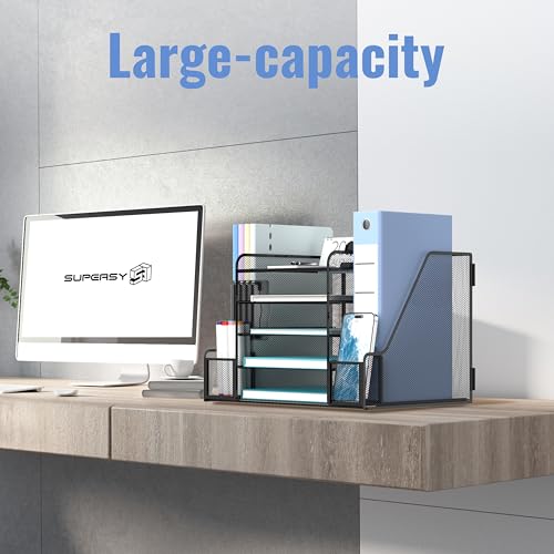 SUPEASY Desk Organizer, 5-Tier Mesh Desktop File Organizer with Bookends, File Holder, 2 Pen Cups and Paper Letter Trays, Large-Capacity Metal Organizer for Home, Office or School