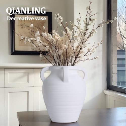 Handmade White Vase - 10" Tall Terracotta Vases with 4 Ear Design, Wide Mouth Vintage Vases, Rustic Antique Decor Matte Finish White Ceramic Vase for Home Decor, Living Room, Table, Fireplace Decor - color: White, size: Large