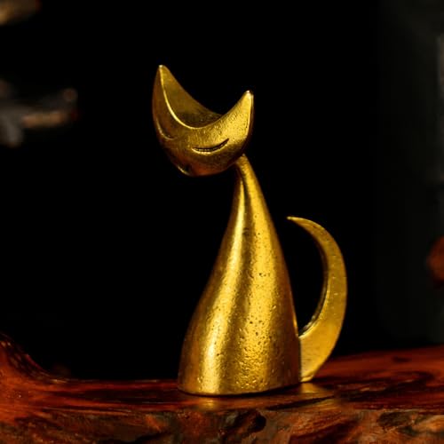 CHOVY Solid Brass Retro Art Cat Statue - 100% Handmade Collectible Figurine Elegant Sculptural Decor for Office Living Room & Shelf Vintage Oddities and Curiosities Premium Home Art Ornament - color: Art Cat a