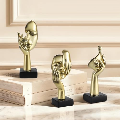 Modern Living Room Decoration - Gold Abstract Sculpture Decor For Shelves, Thinker Statues Set Of 3, Resin Face Knick Knacks Home Decor For Office Bookshelf, Shelf Side, Table, Gift For Friends - color: Gold Abstract Sculpture Decor