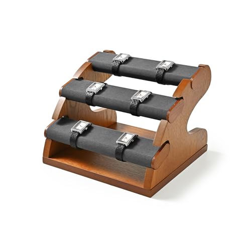 3 Tiers Solid Wood Jewelry Bracelet Watch Organizer Stand Display Detachable Watch Display Stand Jewelry Tree for Wristwatch Bracelet Organization(Grey)
