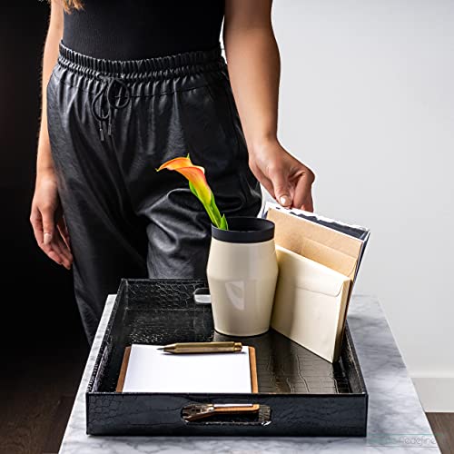 Black Leather Serving Tray with Handles, Glossy Faux Crocodile Print, 17.5x12 Food Drinks Tray for Coffee Table, Breakfast, Dinner & Bar, Decorative Storage Tray for Ottoman, Kitchen, Bedroom, Gift. - color: Black