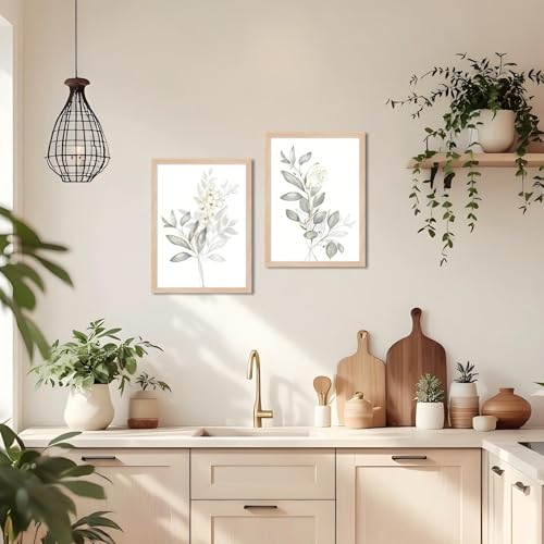 Framed Nature Botanical Wall Art Set of 2, White Floral with Green Eucalyptus Leaves Canvas Prints, Modern Minimalist Flower Painting Picture For Kitchen, Bedroom, Dining Room,Bathroom Decor, 8x10IN - color: White Floral Framed, size: 10"L x 8"W