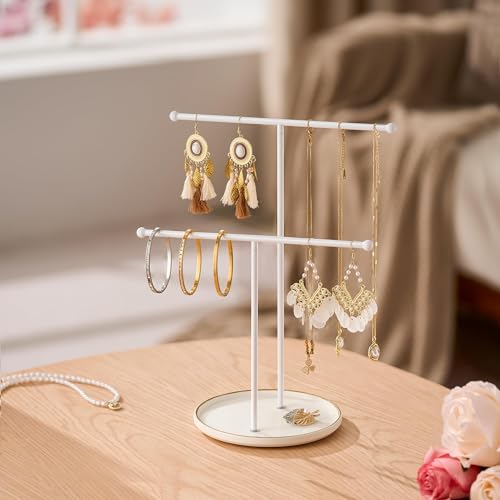 White Jewelry Holder Stand with Ceramic Tray: Small Hanging Necklace Organizer Tree for Earrings, Bracelets, Rings – Jewelry Display Hanger for Women & Girls, White - color: white tray white bar