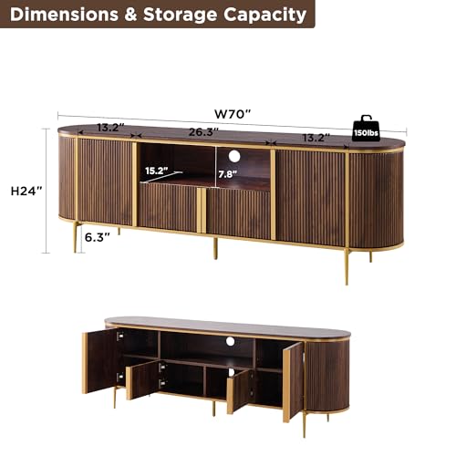 OKD Luxury 70" Fluted TV Stand, Modern Chic Entertainment Center for TVs Up to 80 inches, TV Console with Faux Marble Top, Curved Profile Design, Media Console for Living Room, (Dark Walnut) - color: Dark Walnut, size: 70" TV Stand without Fireplace