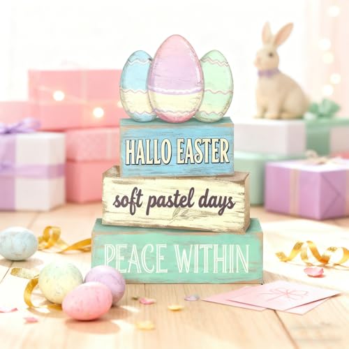 Easter Decorations - Hallo Easter Pastel Egg Tiered Tray Decor - Wooden Easter Tabletop Sign - Soft Pastel Farmhouse Spring Home Decor Indoor for Tiered Tray Shelf Mantel Coffee Table - Spring Home Decor for Living Room, Kitchen Counter - style: Egg