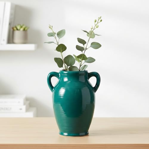 Sunddo Modern Ceramic Vase for Decor - 8 Inch Green Decorative Vase with 2 Handles, Pampas Grass Vases for Centerpieces, Living Room,Table Dining, Mantle, Console, Kitchen Decor - color: Dark Green - 8, size: 8 Inch