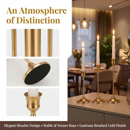 Brass Taper Candle Holders 2 Sets(6 Pcs) - Tall Metal Candlestick Holders for Table Centerpiece, Formal Dinner, Wedding, Fireplace Mantel Decor, Fits 3/4 Inch Thick Candles - color: Brass