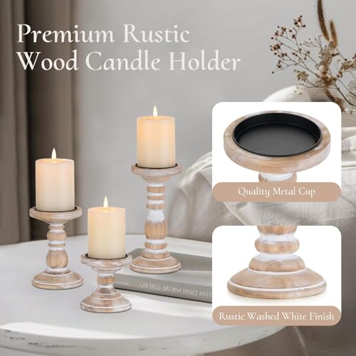 Wood Pillar Candle Holder: 3Pcs Rustic White Candle Holders for Pillar Candles Wood Candle Holders Distressed Wooden Farmhouse Candle Holder Large Rustic Candle Holder for Fireplace Table - color: Rustic White, size: 3.94", 5.9", 7.87"