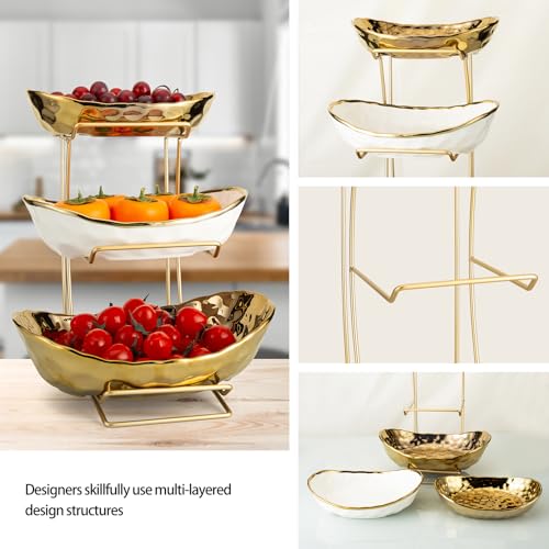 YYW 3 Tier Fruit Bowl for Kitchen Counter, White Gold Ceramic Fruit Stand for Countertop, Home Fruit Rack with Holder, Vegetable Bowl Snacks Nuts Bread Candy Storage (Gold) - color: Gold