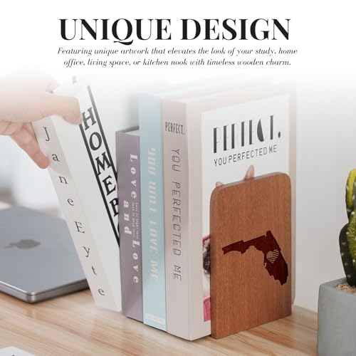Florida Gifts for Women Men, Florida Themed Souvenirs - Heavy Duty Iron & Ebony Wood Book Ends for Shelves Bookcase Desk - 1 Pair, 4.72x6.69 Inches - Heart - color: Heart