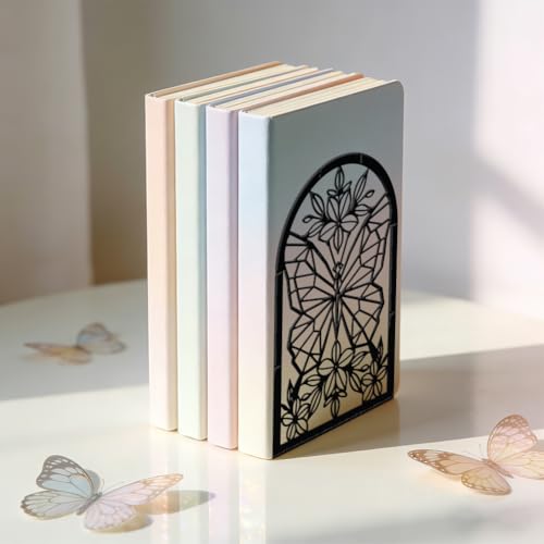 WADORN 1 Pair Geometric Butterfly Metal Decorative Bookend for Shelves, Heavy Duty Book Ends Modern Non-Skid Books Holder Stand Black Book Support Stoppers for Desk Bookshelf Office Home, 5.3x4.3x7.8 - color: Geometric Butterfly