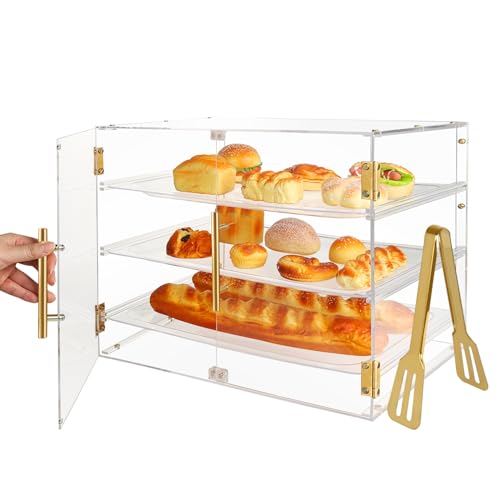 3-Tier Acrylic Pastry Display Case for Commercial Countertop, 360° View Bakery Cabinet with Gold Handle & Removable Trays, Clear Bread Storage Box for Donuts, Cookies & Cakes, 21" x 16" x 14"