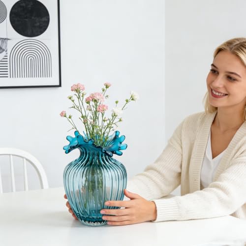 ZAVOOS Hand Blown Glass Vase, Modern Art Decorative Blue Vase for Flower Plants, Unique Bubble Waves Mouth Vase for Home Decor, Living Room Centerpieces, Table Bouquet, Wedding Decoration