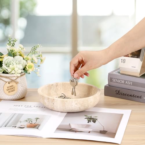 Hipiwe Key Holder for Entryway 7.9" Round Key Bowl Decorative Travertine Tray Nightstand Organizer Trays Jewelry Dish for Jewelry Ring Trinket Storage Home Decor - color: Beige, size: 7.9" x 7.9" x 2"