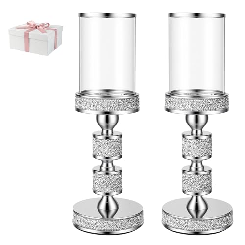 13.5" Tall Pillar Candle Holder with Wind Proof, Metal Hurricane Holders, Crystal Candle Holders for Table Centerpieces, Home Decor, Wedding, Dining Table (2, Silver, Medium) - color: Silver, size: Medium
