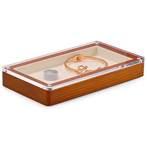 Oirlv Solid Wood Jewelry Tray with Transparent Acrylic Lid Jewelry Organizer Dish Home Organization Accessories Storage Box(Creamy-white) - color: Creamy-whit Flat