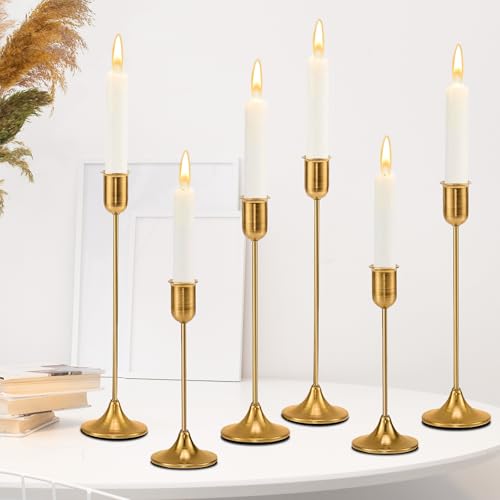 6 Pcs Brass Gold Candle Holders Set, Candelabra Tall Candle Stand, Metal Taper Candlestick Holders for Dining, Table Centerpieces & Vintage Home Decor– Housewarming Gift, Mantel Decor - color: Gold (6 Pcs)