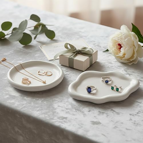 Patelai Ceramic Jewelry Tray Set of 2, Trinket Dish Decorative Cloud Vanity Key Tray for Ring Holder Cute Jewelry Plate Bowl Birthday Gifts for Mom Women Aesthetic Room Decor, White