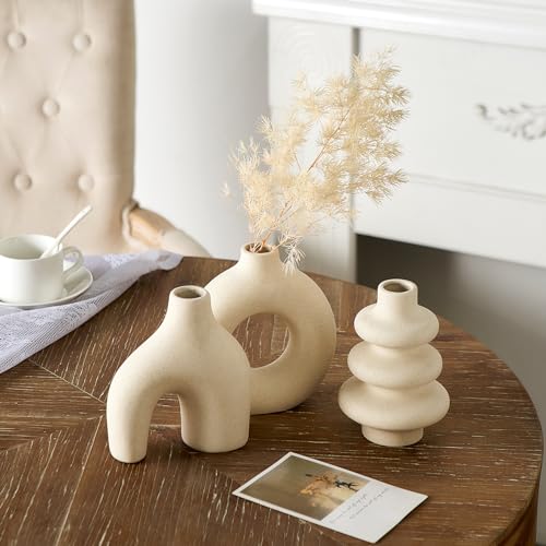 White Ceramic Vase Set of 3, Modern Boho Vases for Home Decor, Small Flower Vases for Pampas Grass, Round White Vases Centerpieces for Wedding Coffee Table Shelf Living Room Bedroom Entryway - color: White