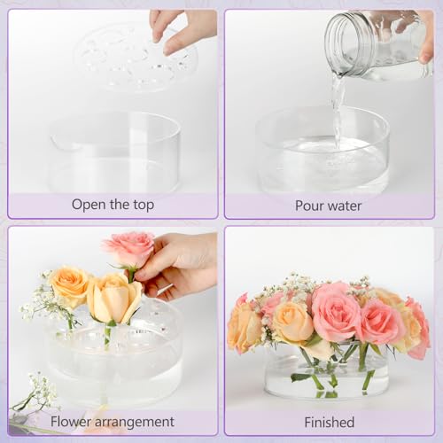 3 Pack Clear Acrylic Flower Vase Centerpiece Round 6/8/10 Inch, Wedding Circular Wide Low Floral Vases with Holes for Dinning Table Home Birthday Party Flower Arrangement