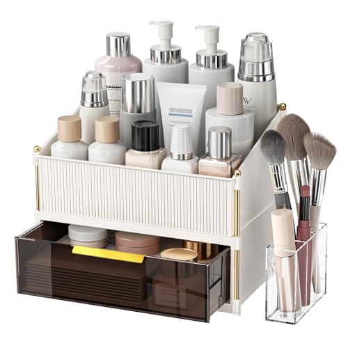 INVSSENE Stackable Makeup Organizer Countertop, Storage Perfume Skincare Cosmetic Lipstick Face Mask Makeup Brush Palettes, Ideal for Vanity Bathroom Counter - color: 3514 White+Coffee