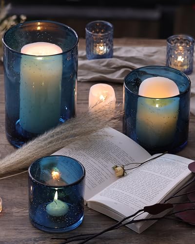 Hurricane Candle Holder Set of 3 Blue Candle Holders for Pillar Candles, Seeded Bubbles Glass Candle Holder, Blue Glass Cylinder Vases for Table Centerpieces, Home, Patio and Wedding 8" 4.7" 3.5" - color: Blue, size: Medium