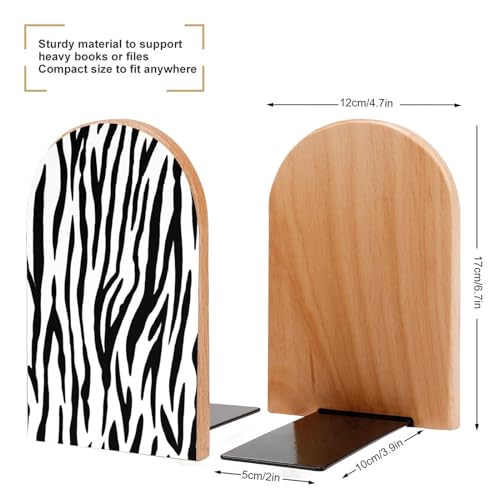 Wooden Bookends 2 Pcs,Black and White Zebra Animal Print Heavy Duty Office Book Ends Anti Slip Book Shelf Holder with Metal Base Decorative Book Stands - color: Black and White Zebra Animal Print